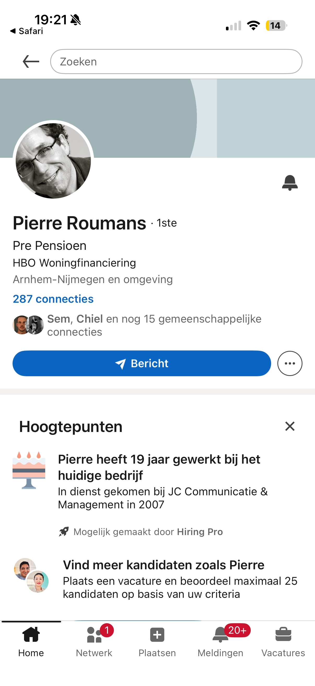 Aangeleverde LinkedIn-screenshot van Pierre Roumans met de beschrijving Pre Pensioen en HBO Woningfinanciering